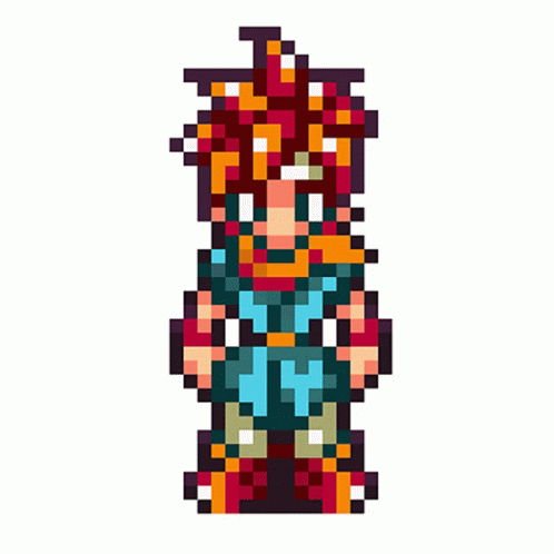 A Pixel Art Of A Person With Red Hair And A Blue Shirt GIF