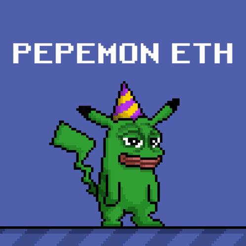 A Pixel Art Of A Pikachu Wearing A Party Hat With The Words Pepemon Eth Above It GIF