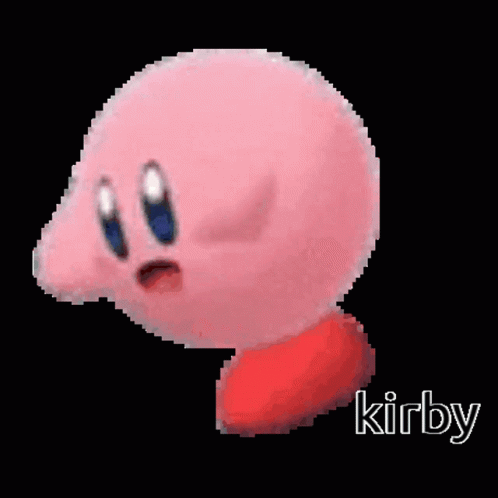 A Pixel Art Of A Pink Kirby With Blue Eyes And Red Feet . GIF