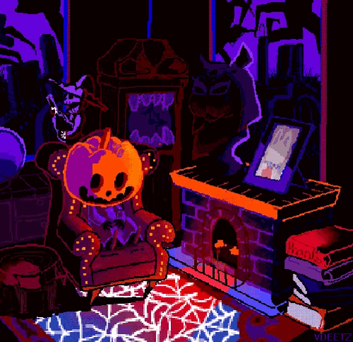 A Pixel Art Of A Pumpkin Sitting In A Chair Next To A Fireplace GIF