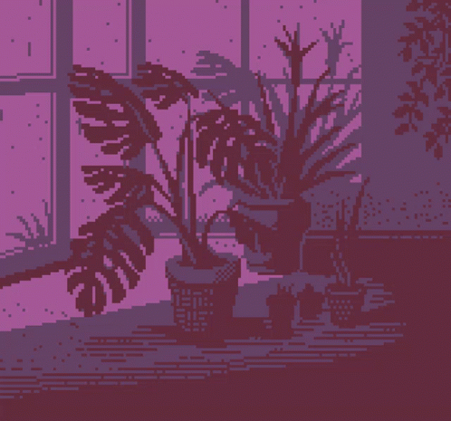 A Pixel Art Of A Purple Room With Plants In Pots GIF