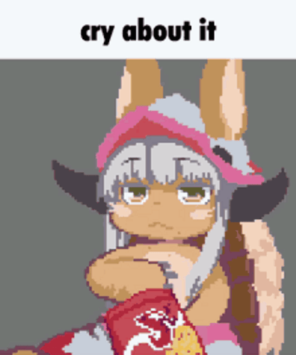 A Pixel Art Of A Rabbit Holding A Bag Of Chips With The Words Cry About It Below It GIF