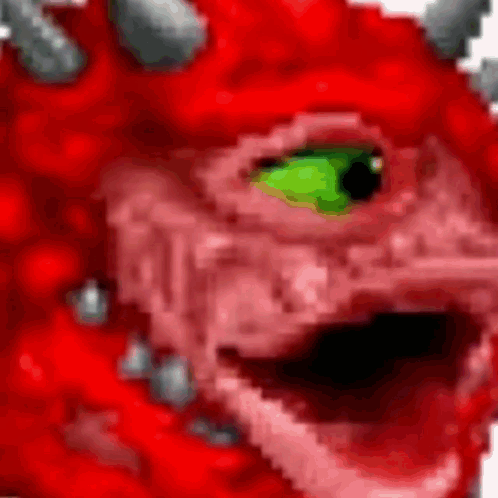 A Pixel Art Of A Red Monster With A Green Eye And Horns . GIF