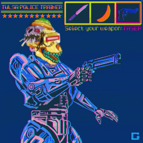 A Pixel Art Of A Robot Holding A Gun With The Words Select Your Weapon Taser Below It GIF
