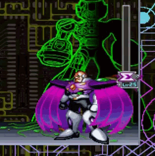 A Pixel Art Of A Robot In A Video Game With A Purple Cape And A Green Background . GIF