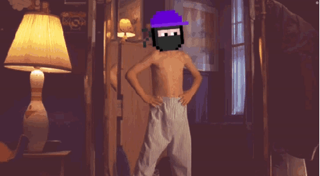 A Pixel Art Of A Shirtless Man With A Purple Hat And A Black Mask GIF