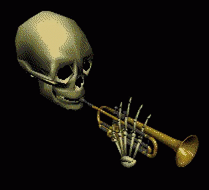 A Pixel Art Of A Skeleton Blowing A Trumpet GIF