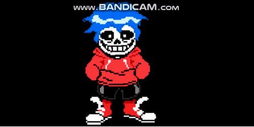 A Pixel Art Of A Skeleton With Blue Hair And A Red Hoodie GIF