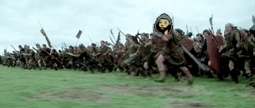 A Pixel Art Of A Soldier Leading A Army Of Soldiers In A Field . GIF