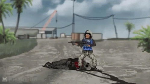 a pixel art of a soldier with a gun standing next to a dead body