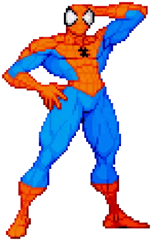 a pixel art of a spiderman standing with his hands on his head