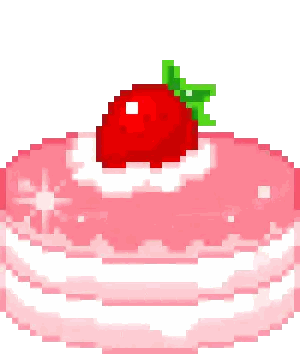 a pixel art of a strawberry on top of a pink cake