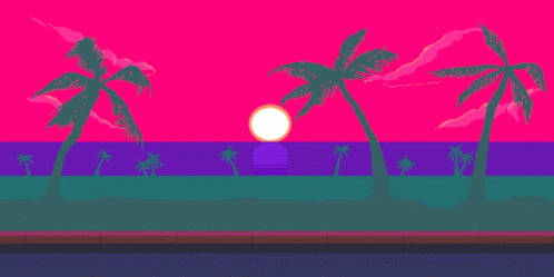 A Pixel Art Of A Sunset On A Beach With Palm Trees In The Foreground GIF