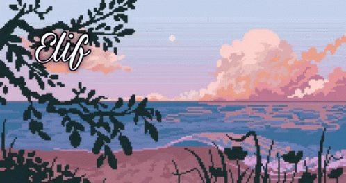 A Pixel Art Of A Sunset Over The Ocean With The Name Elif On The Top GIF