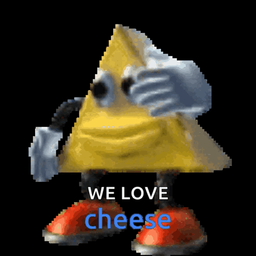 A Pixel Art Of A Triangle With Arms And Legs And The Words We Love Cheese Below It GIF