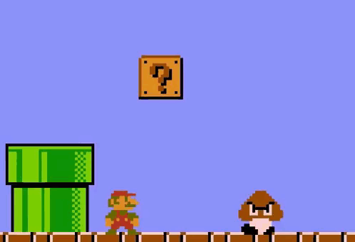 a pixel art of a video game with a mushroom and a box flying in the air .