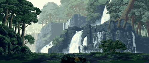 A Pixel Art Of A Waterfall In A Jungle GIF