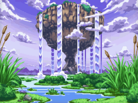 A Pixel Art Of A Waterfall With A Rock In The Middle GIF