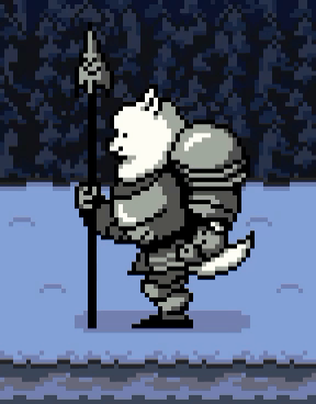 a pixel art of a wolf in armor holding an axe