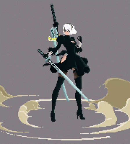A Pixel Art Of A Woman Holding A Large Sword GIF