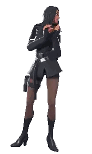 a pixel art of a woman in a black suit and boots holding a gun .