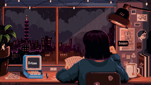 A Pixel Art Of A Woman Sitting At A Desk With A Sign That Says Divaom On It GIF