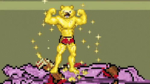 A Pixel Art Of A Yellow Bear Flexing Its Muscles GIF