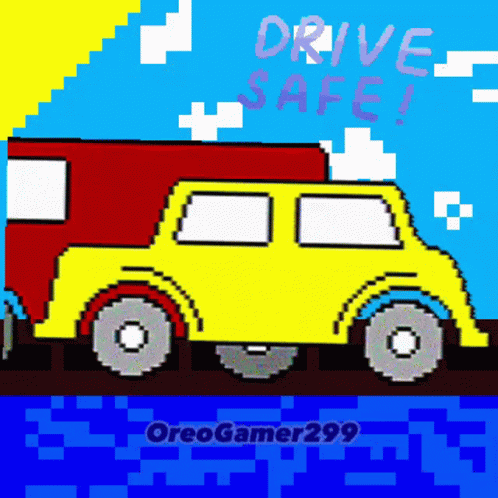 A Pixel Art Of A Yellow Car With A Red Trailer And The Words Drive Safe Written Above It GIF