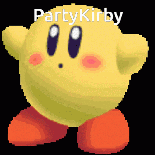 A Pixel Art Of A Yellow Kirby With The Words Partykirby Written Above It GIF