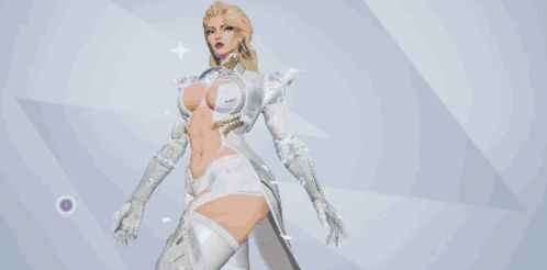 A Pixel Art Of Emma Frost With A Blue Banner Behind Her GIF