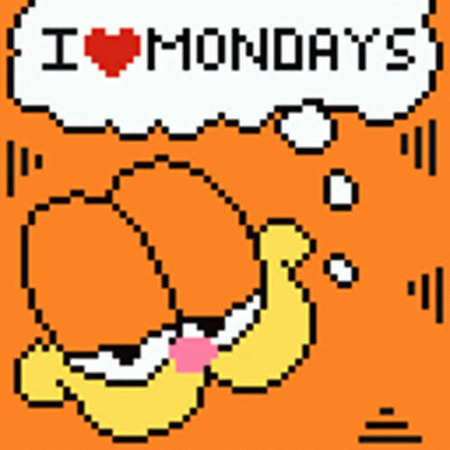 a pixel art of garfield with a thought bubble that says " i love mondays "