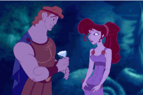 A Pixel Art Of Hercules Giving A Flower To Megara GIF