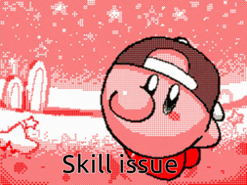 A Pixel Art Of Kirby Wearing A Santa Hat With The Words Skill Issue Below It GIF