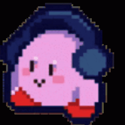 A Pixel Art Of Kirby Wearing Headphones With A Black Background GIF