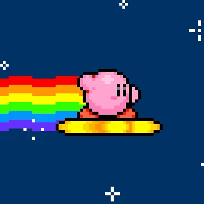 A Pixel Art Of Kirby With A Rainbow Coming Out Of His Mouth . GIF