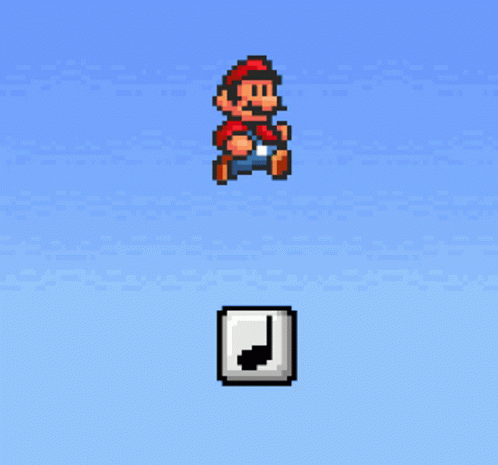 A Pixel Art Of Mario Jumping Next To A Square With A Note On It GIF