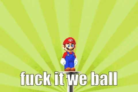 a pixel art of mario standing on top of a yellow button .