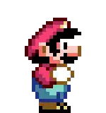 a pixel art of mario wearing a red hat and blue overalls with his arms outstretched .