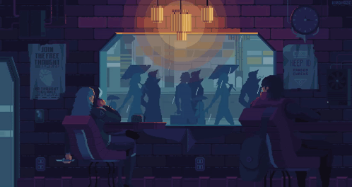 A Pixel Art Of People Sitting In Front Of A Window With A Sign That Says Join The Free Thoughts GIF
