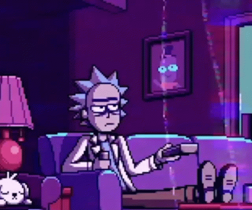 a pixel art of rick and morty sitting on a couch holding a gun .