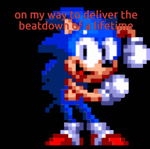 A Pixel Art Of Sonic The Hedgehog With The Words " On My Way To Deliver The Beatdown Of A Lifetime " GIF