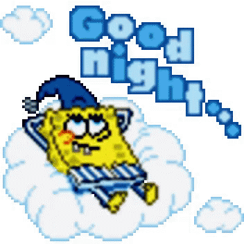 A Pixel Art Of Spongebob Laying On A Cloud With The Words " Good Night " Above Him GIF