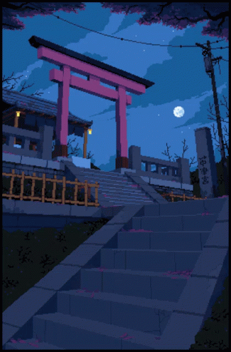A Pixel Art Of Stairs Leading Up To A Gate With Chinese Writing On It GIF