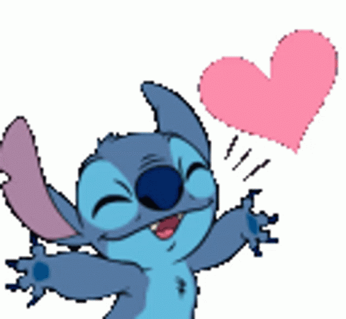A Pixel Art Of Stitch Holding A Pink Heart Above His Head . GIF