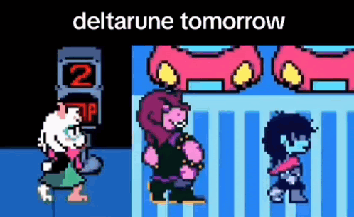 A Pixel Art Of Three Characters Standing Next To Each Other With The Words Deltarune Tomorrow . GIF