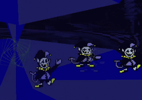 A Pixel Art Of Three Jesters Dancing In A Dark Room GIF