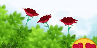 a pixel art of three red roses in a bush