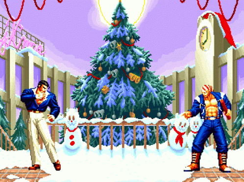 A Pixel Art Of Two Men In Front Of A Christmas Tree And A Clock GIF