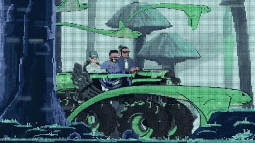 A Pixel Art Of Two Men Riding A Green Vehicle GIF