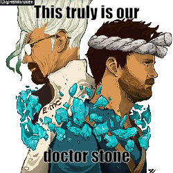 A Pixel Art Of Two Men With A Caption That Says " This Truly Is Our Doctor Stone " GIF